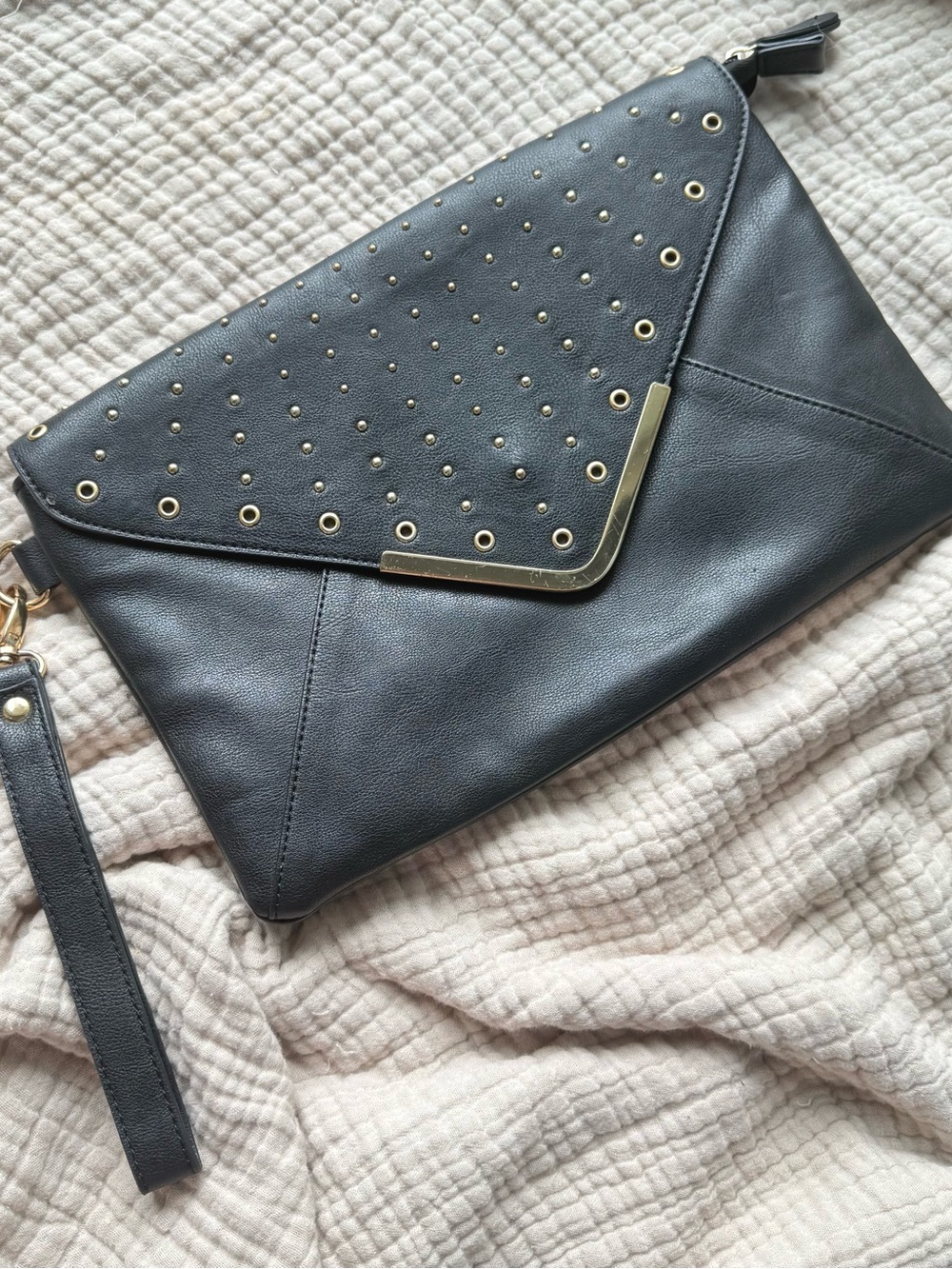 Aldo Black Studded Envelope Clutch with Gold Hardware